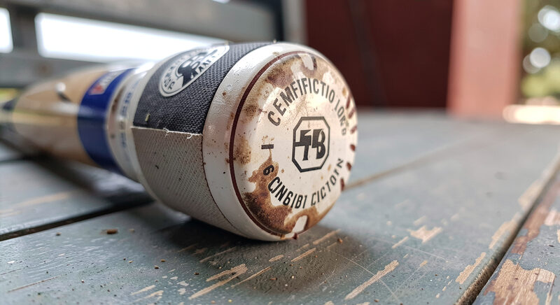 A close view of a softball bat barrel resting on a bench with a certification stamp visible near the grip tape.