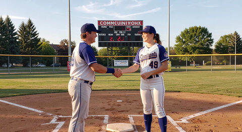 A community softball tournament scene with two teams shaking hands at home plate and a scoreboard behind the backstop.