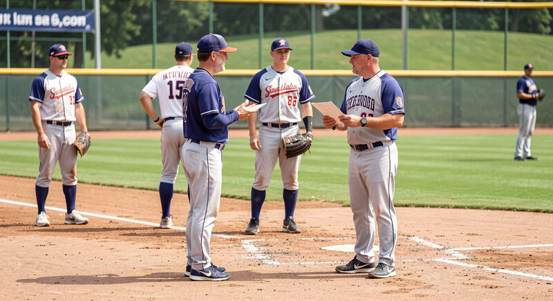 A single player standing at the edge of an infield talking with a captain who holds a lineup card, other players warming up behind.