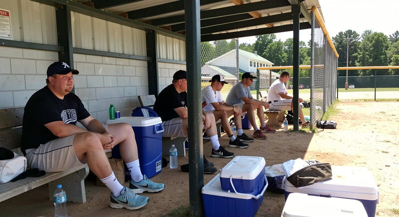 Players resting in the shade of a dugout with water bottles and coolers on a bright, hot afternoon at a ballfield.