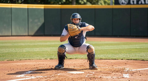 A catcher crouched behind home plate waiting for a pitch, mask on and glove up, infield clay around the plate