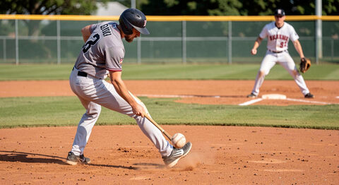 A fielder scooping a ground ball on the infield clay with a runner approaching first base in the background