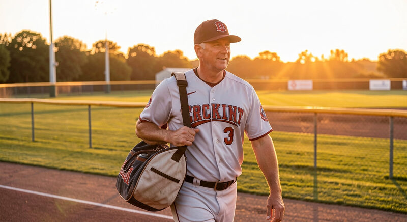 An adult player in a team shirt arriving at a ballfield at golden hour carrying a bat bag over one shoulder.
