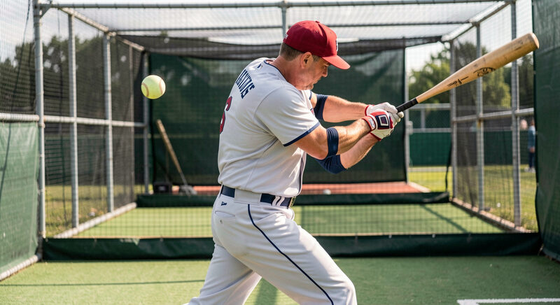 An adult hitter mid-swing in a batting cage, hips turning and bat meeting a softball in sharp focus.