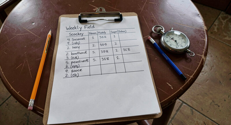 A clipboard with a hand-drawn weekly field schedule resting on a scorer table beside a pencil and a stopwatch.