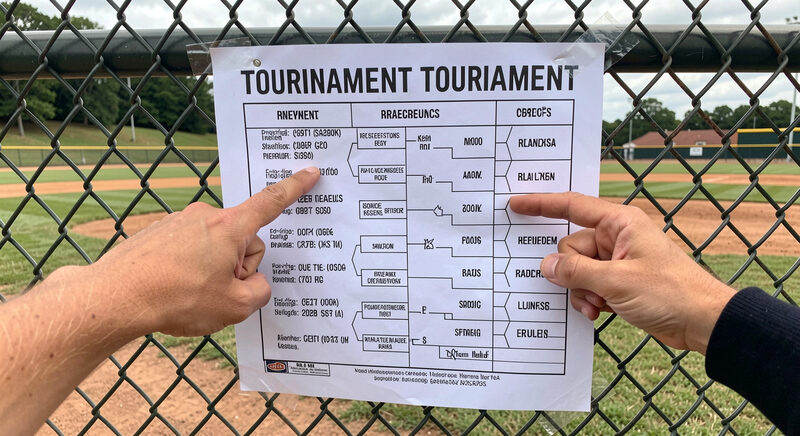A tournament bracket sheet taped to a fence beside a ballfield, with a hand pointing at an upcoming matchup.
